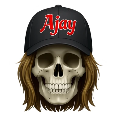 Create a skeleton head wearing a black baseball cap that says "Ajay" in red lettering, with long dark blonde hair sticker