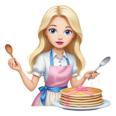 Cinematic realistic beautiful blonde with long hair, blue eyes and pink lips in a white dress cooks pancakes sticker