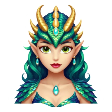 A gorgeous dragon woman with glittering jeweled scales covering her body and face. She has large almond shaped eyes, lush lips, and she wears a stunning luminescent gown. sticker