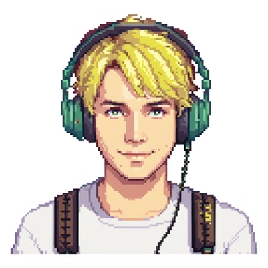 El Rubius portrait, fun style, blonde hair, large headphones, cheerful expression, simple background sticker