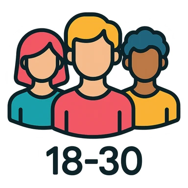 Discord role icon for 18-30 age group, using stylized silhouettes of young adults in a group, vibrant and welcoming look sticker