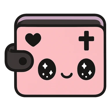 pink and black gothic wallet, big eyes, smiling, cartoonish, playful sticker
