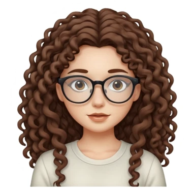 aesthetic white girl with cool colored brown, very long curly hair, she wears an offwhite top and her eyes are black , and wears thin small square glasses sticker
