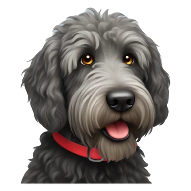 Black scruffy old labradoodle with a red collar sticker
