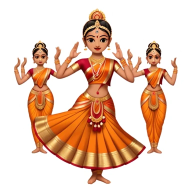 Cinematic Realistic Bharatanatyam Dance Emoji, depicted as an elegant classical Indian dance performance with graceful poses, intricate costumes, and expressive hand gestures, rendered with rich textures and warm dramatic lighting that captures its timeless beauty. sticker