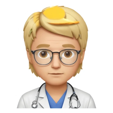 This is a cartoon-style avatar of a doctor with blond hair, glasses, and a neutral expression sticker