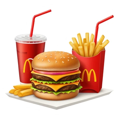 make a Luxe Cheeseburger Meal combo with cold drink inside that a straw and some ice cubes and beside some McDonald's fries box inside some thick fries

 with a angle to 15–20° gentle bird’s-eye angle  sticker