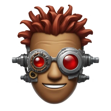 Brown cyborg head with red Mohawk, red beard, silver steampunk monocle goggles a smile and circuits sticker