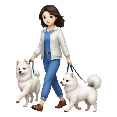 Brunette woman walking a Japanese Spitz dog sticker
