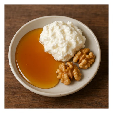 a small plate filled with honey and clotted cream, accompanied by walnuts, traditional Turkish breakfast sticker