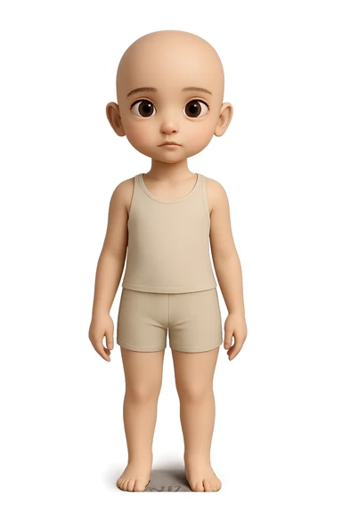 Remove all hair and make the character bald while keeping everything else the same including shorts, tank top, pose, and style. Maintain transparent background. sticker