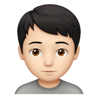 young boy with short, slightly messy black hair, a round face, large brown eyes, and a small neutral smile sticker