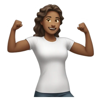 woman in white t-shirt with both fists stretched high in victory sticker
