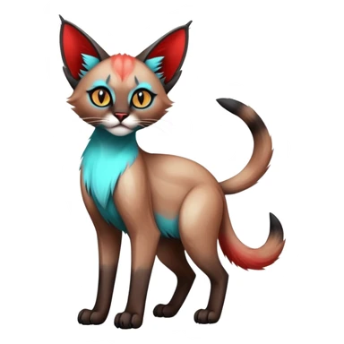 Gothic exotic Red and cyan and black and white and edgy and cute shiny Fantasy-Siamese-Bobcat-Caracal-Lykoi-feline-Fakémon-feline-hybrid (full body) sticker