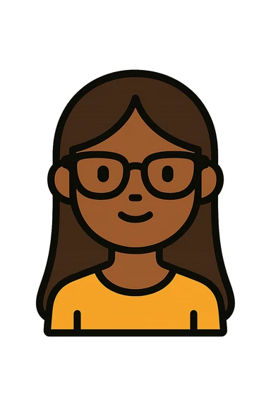 young brown girl with long dark brown hair, dark brown eyes, wearing black squared cat eye glasses sticker