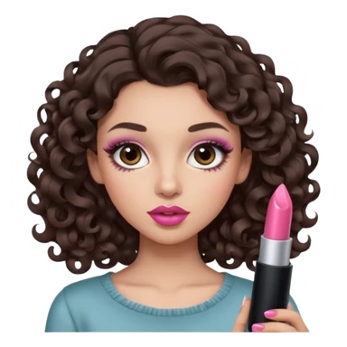 A dark brown hair little curl hair like 6 mm. roll looks so beautiful, she has an round and almond eyes with long and curl eyelashes in Douyin style, one of her hand carrying a lipstick looks similar to Rhode pink lip, her make up is cool tone and neutral style   sticker