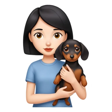 short black haired girl holding a daschund sticker