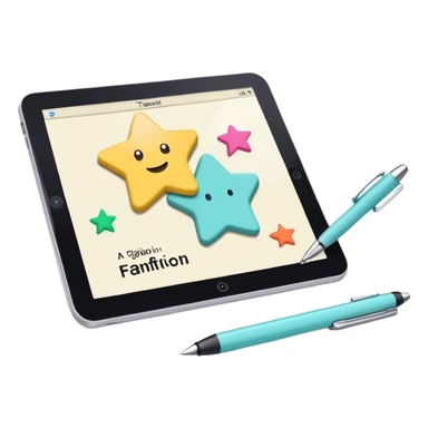 Create an emoji representing fanfiction writing. The design should feature an open notebook or digital device with visible text, symbolizing the creative process of writing fanfiction. Include elements like a pencil or pen nearby, and optionally, add a subtle reference to popular fictional characters or universes (like a small star, heart, or magical item) to indicate the fan aspect. Use a playful, imaginative color palette, blending vibrant tones with soft neutrals. Do not include any emojis or smiley faces. Make the background transparent. sticker