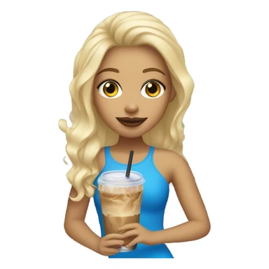 Light skin girl with blonde hair and blue eyes drinking a iced coffee sticker