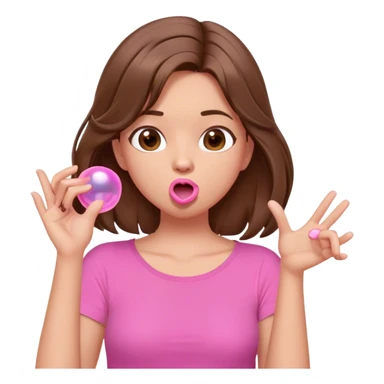 A digital illustration of a cartoon-style woman with shoulder-length brown hair, wearing a pink shirt. She is blowing a pink bubble gum bubble while playfully twirling a strand of her hair with her fingers. Her facial expression is relaxed and carefree. The background is plain white *3d emoji* sticker