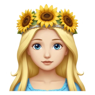 portrait woman long blonde hair blue eyes white skin wearing sunflower halo crown sticker