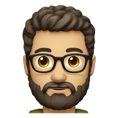 round-faced white man with a full dark brown beard, side parted dark brown hair, square glasses, olive coloured eyes sticker