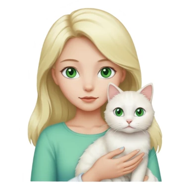Blonde girl with green eyes holding a white cat with blue and green eyes sticker