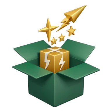 3D minimal open box with small floating icons coming out (envelope, lightning bolt, star), soft matte finish, deep green (#0B3D2C) box, gold (#C9B037) floating icons, Apple style, ultra clean and sleek, very soft ambient shadow, transparent background sticker