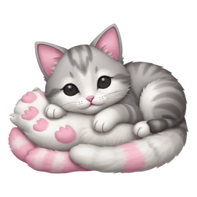 grey and white small cat with eyes closed lying down upside down with its head resting on its paw sticker