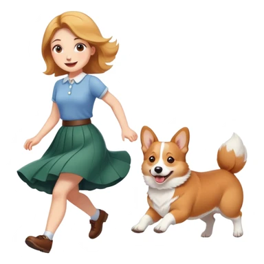 A beautiful girl with fair skin happily chases a corgi in a skirt sticker