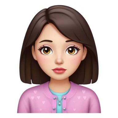 “Emoji brunette girl, dewy skin, heavy blush across cheeks and nose bridge, glossy cherry lips, soft eyeliner, teary sparkling eyes, pastel cardigan.” sticker
