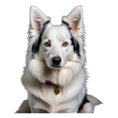 A pure white Border Collie dog sitting, with fluffy fur, alert pointed ears, and friendly expression sticker