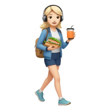 a young woman full length walks with headphones on with a salmon sandwich in one hand and herbal tea in the other hand sticker