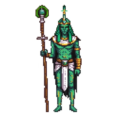 Egyptian god Osiris with green skin, mummified body, white Atef crown with feathers, holding crook and flail sticker