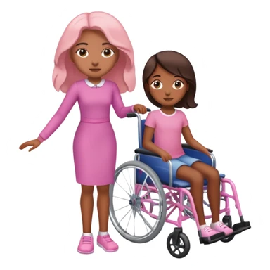 One tan skin sister standing behind her brown skin sister in a pink wheelchair sticker