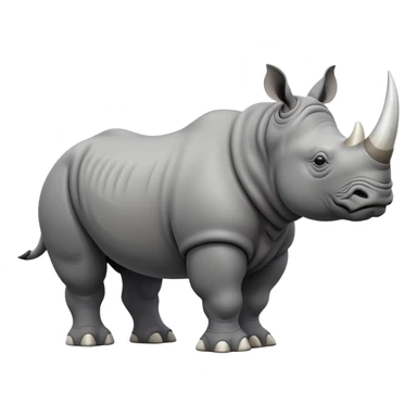 cinematic-rhino-full-body-standing-emoji,white horn, slate grey skin -massive-body-poised-powerfully,-thick-horn-curving-slightly-forward,-head-tilted-dramatically,-rough-grey-hide-covered-in-dust,-simplified-focused-features, sticker