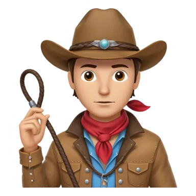 cowboy with a whip portrait, head and shoulders only, cowboy hat, bandana, western jacket collar, whip coiled over shoulder, confident expression, 3D cartoon, mobile game icon style, clean background, no text, no watermark
 sticker
