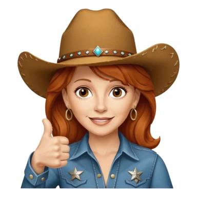 Reba McEntire with a cowboy hat on with a thumbs up  sticker