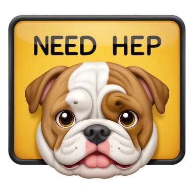 English bulldog peeking over a 'need help' sign, emoji style sticker