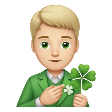 A white guy holding a Clover of 4 leaves sticker