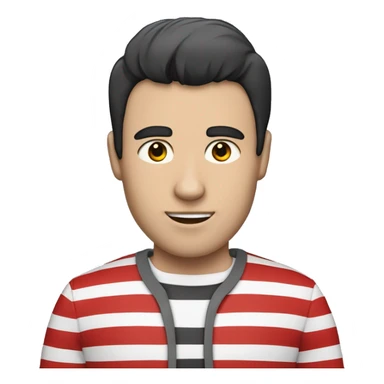 A  man with a shirt with red, black and white stripes (the man has black hair and white skin) sticker