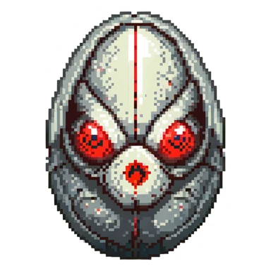 a strange large transparent alien egg, floating inside with a visible creature inside, embryo, embryonic, fetal shape, primordial, early growth, 3 glowing red eyes, illuminated from above, shining glass egg sticker
