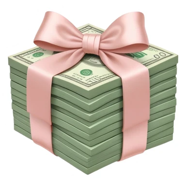 Neat rectangle money stack tied with a blush satin bow, muted green $100 bills, soft luxury rich  sticker