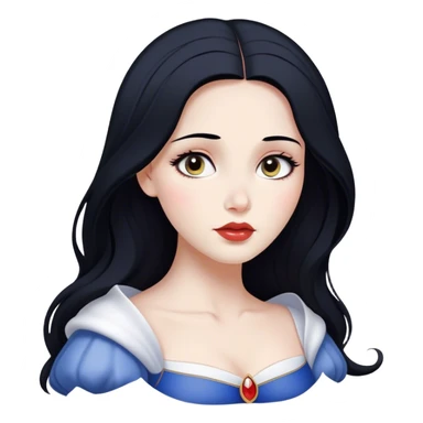 Cinematic Serene Snow White Portrait Emoji, rendered in a simplified vector style. Depict a gentle Snow White (chest and above) with flawless porcelain skin and flowing raven hair, her kind eyes and calm expression exuding a quiet, enchanting charm. The image glows softly with an inviting, pure light and is outlined with a subtle glow. sticker