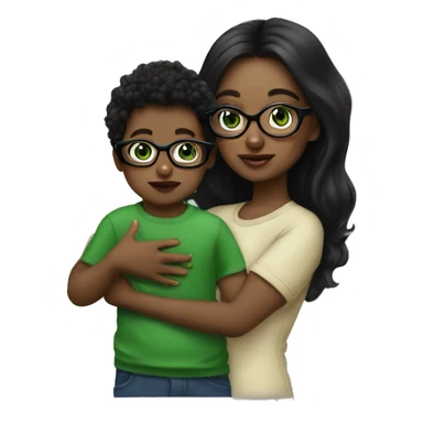 Black long hair, green eyes and glasses, big lips girl holding one year old green eyes baby boy sticker