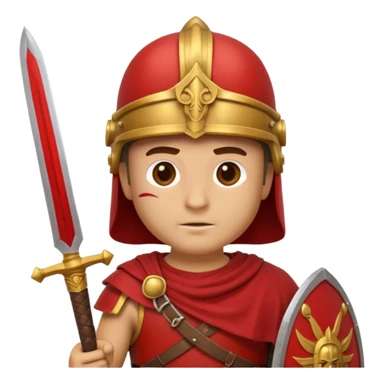 An emoji portrait of a Roman legionary soldier. He wears a helmet and a red tunic. His expression is stern and focused. He holds a short sword. sticker