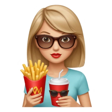 Taylor Swift, wearing sun glasses,  holding a cup of fries





































 sticker