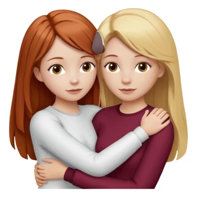 two girls who hug eachother. one has auburn hair with blonde highlights and very pale skin , other has medium-fair skin and blonde hair. girl with auburn or dark blonde hair is wearing a white outfit and girl with blonde hair is wearing a burgundy outfit sticker