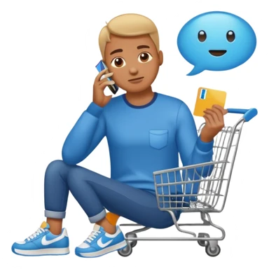 Emoji-style illustration of a person holding a credit card, hand on chin thinking. A thought bubble above the head showing clothes, sneakers, and a shopping cart, representing deciding whether to spend money. Clean, modern emoji style, bright colors, white or transparent background. sticker
