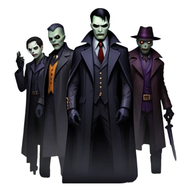 Icon for Thriller Movies: A large, dramatic collage featuring sinister villains and zombies in dark clothing. The background shows the gloomy cityscape of Gotham with dim lighting and eerie shadows. The atmosphere should be tense, mysterious, and suspenseful. Transparent background. sticker